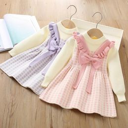 Adorável bebê meninas vestidos de princesa com laço crianças vestido de manga longa vestido de malha 2-7 anos