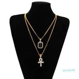 Egyptian Ankh Key of Life Bling Rhinestone Cross Pendant With Red Ruby Pendant Necklace Set Men Hip Hop Jewelry261i