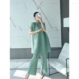 Women's Two Piece Pants Pleated Sets 2023 Summer Style Women Retro Plate Buckle O Neck Short Sleeve Chinese Of Fashion Casual