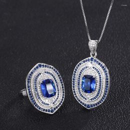 Necklace Earrings Set EYIKA Vintage Fashion Royal Blue Crystal Zircon Big Oval Pendant Ring Wedding Party Fine Jewellery For Women Gift