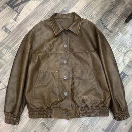 American vintage do old cowhide leather clothes plankton handsome Maillard motorcycle leather jacket casual coat 2023 autumn and winter