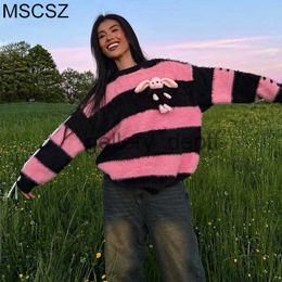 Women's Sweaters Striped Oversized Sweater Women Winter 2023 Fashion Pink Mohair Pullover Sweater Y2K Knitwear Loose Long Sweaters J230921