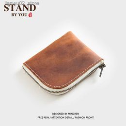 Money Clips Retro Cowhide Men's Mini Wallet Crazy Horse Skin Ultra Thin Leather Zipper Coin Bag Short Wallet Q230921