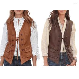 Women's Vests 95AB Faux Leathers Open Front Cardigan Vest Casual Loose Jackets Retro Lace Up Sleeveless Coat Waistcoat