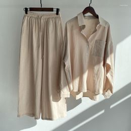 Women's Two Piece Pants 2023 Autumn Shirt Women Casual Cotton Linen Sets Female Suit Elegant Loose Long Sleeve Lapel Shirts Wide Leg Elastic