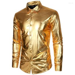 Men's Dress Shirts Men Shiny Fashion Autumn Gold Silver Disco Party Stage Costume Halloween Slim Fit Long Sleeve Tuxedo For