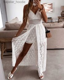 Women's Jumpsuits Rompers Summer V Neck Solid Colour Lace Hollow-Out Sleeveless Sling Party Wear High Waist Rompers Holiday Casual White Women's Jumpsuit L230921