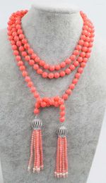 Chains One Set Pink Coral Round Necklace Tassels Earrings 40inch Wholesale Beads Nature FPPJ Woman 2023