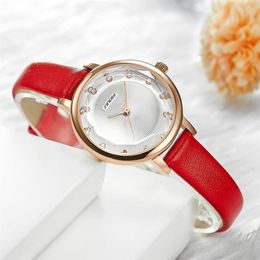 SINOBI New Women Watches Simple Ripple Diamond Dial Small Elegant Ladies Watch Red White Leather Quartz Wristwatch Female Gifts260E