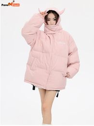 Men's Down Parkas Hooded Pink Parkas Men Women Winter Devil's Horn Cotton Padded Jackets Loose Hip Hop Harajuku Y2k Puffer Bubble Outwear Coats 230920