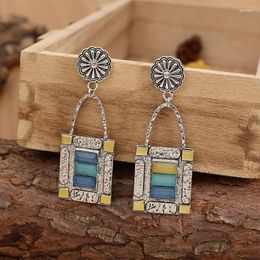 Dangle Earrings Retro Tribe Green Blue Crystal Geometric Lock Zircon Ear Hook Earring Jewelry For Women Gift