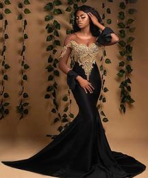 Evening Dresses Black Prom Party Gown Mermaid Formal Elastic Satin New Illusion Custom Plus Size Lace Up Zipper Long Sleeve Scoop Gold Applique