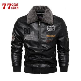 Mens Leather Faux Vintage Motorcycle Jacket Embroidery Detachable Fur Collar Biker PU Jackets Winter Fleece Bomber Coat Overcoat Male 230921