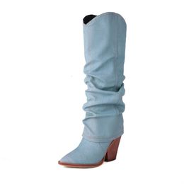 Boots Denim Women Fashion Wedges High Heel Shoes Autumn Winter Cowboy Knee Large Size 43 Dropshopping 230921