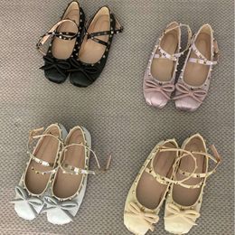 Valentine ballerinas toneontone Ballet with flats Satin studs Shoes Womens Fashion Fragrance Cross Riveted Round Head Silk Bow Evening Shoes shoes B