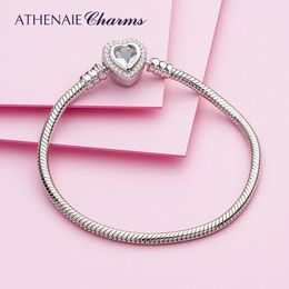 Charm Bracelets ATHENAIE 100% Sterling Silver Snake Chain Bangle Bracelet with CZ Love Heart Clasp Charms Bracelets for Women 230921