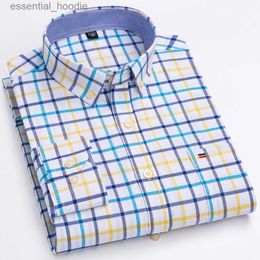 Men's Dress Shirts Men's 100% Cotton Long Sleeve Plaid Chequered Shirts Single Patch Pocket Standard-fit Button-down Striped Casual Oxford Shirt L230921