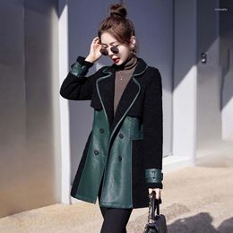 Women's Leather 2023 Winter Female Fashion Patchwork Lambs Wool Warm Thick Mid-Length Jacket Women High-End Slim Fit Sheepskin Coat