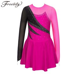 Dancewear Figure Skating Dress Kids Girls Long Sleeve Rhinestone Patchwork Ballet Gymnastics Leotard Dance Dress for Dancing Competition 230920