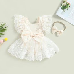 Rompers 2023-03-23 Lioraitiin 0-24M Infant Baby Girls Romper Dress Lace Flower Sleeve Square Neck Bowknot Jumpsuits With Headband