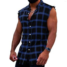 Men's Tank Tops Summer Fashion Casual Plaid Print Sleeveless T Shirt Vest Buckle Sanding 2023 Korean Style Mens Beach