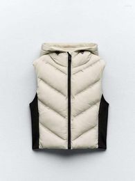 Women's Vests Autumn Winter Wind Protection Puffer Vest Adjustable Hood Sleeveless Coat Beige Black Patchwork Waistcoiat Jakcet