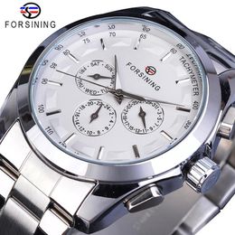 Forsining Silver White Male Mechanical Watch 3 Sub Dial Luminous Hands Date Stainless Steel Band Man Business Sport Montre Homme2556