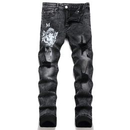 Mens Jeans Black Letter Angel Print Slim Ripped Stretch Skinny Streetwear Motorcycle Denim Pants Hip Hop Men 230920