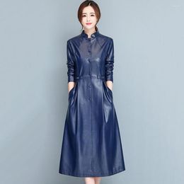 Women's Leather Women Casual Long Coat Autumn Winter Fashion Trend Small Stand Single Breasted Slim Split Trench