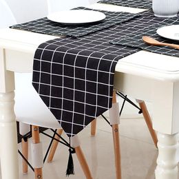 Table Runner Modern Geometric Mat Printed Cotton Linen Flag Black Grey Tassel Cloth Cover Home Decoratio