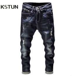 Mens Jeans Distressed Men Dark Blue Stretch Slim Fit Hip Hop Destroyed Broken Holes Ripped Man Denim Pants Frayed Trousers Punk Style 230920