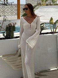 Basic Casual Dresses Elegant Women Knitted Dress Streetwear Sexy Vneck Hollowe Out Long Sleeve Knit Vestidos Summer Female Party Beach Robe 230920