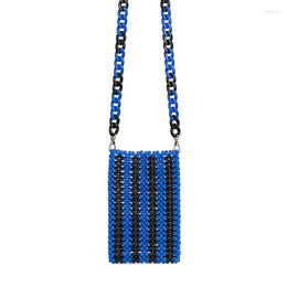 Evening Bags Blue Black Striped Handmade Beaded Women's Contrasting Stitching Chain Mini Woven Mobile Phone Crossbody Bag