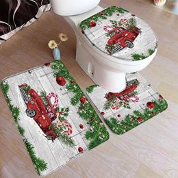 Bath Mats Christmas Bathroom Sets 3Pcs Red Truck Pine Rope Ball Santa Claus Snowman Xmas Toilet Decor Anti Slip Flannel Rugs Carpets