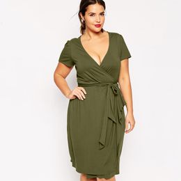 Plus size Dresses Size Sexy Vneck Summer Elegant Wrap Dress Short Sleeve Sashes Office Party Female Large Casual Midi 6XL 230920