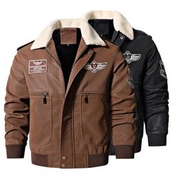 Mens Leather Faux Autumn Winter Motorcycle Jacket Fur Collar Vintage Brown Fleece Pigskin Military Bomber Jackets 8XL 230921