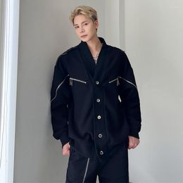 Men's Jackets SYUHGFA Cardigan V-neck Fashion Jacket Zipper Split Niche Design Personality Male Clothing Korean Style Casual Coat