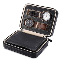 4 Grids PU Leather Watch Box Travel Storage Case Zipper Wristwatch Box Organiser Holder For Clock Watches Jewellery Boxes Display294A