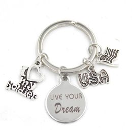 New Arrival Stainless Steel Key Chain Key Ring USA Flag I Love my Soldier Keychain Keyring Soldier Gifts for Men Women Jewelry259K