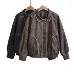 Women's Leather Vintage Short Jacket American Retro Streetwear Biker Style Fashion Loose Boyfriend Coat Female Korean Outwear