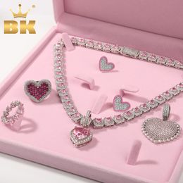 Chokers THE BLING KING Pink Heart Design Set Full Iced Cubic Zirconia Heart Collections Earrings Ring Pendant Necklace Women Jewelry Set 230920