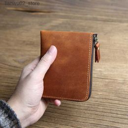 Money Clips Handmade Retro Genuine Leather Short Men's Wallet Crazy Horse Leather Zipper Money Clip Layer Cowhide Ultra-thin Purse Q230921