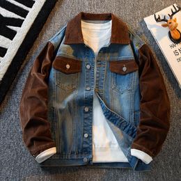 Men's Jackets American Style Vintage Stitching Corduroy Jacket Retro Causal Loose High Street Denim Men Tops Male Clothes