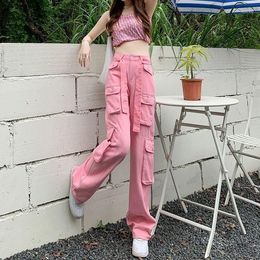 Women's Pants Pink Overalls Spring High Waist Loose Straight Casual Wide Leg Jeans Korean Cargo Female Streetwear Sweatpants