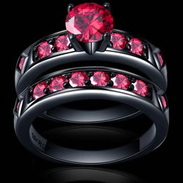 bright red red ring garnet women lovely wedding Jewellery black gold full couple ring set Bijoux female man2841