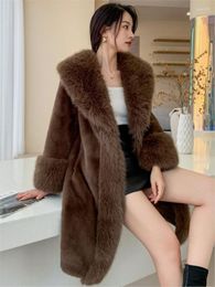 Women's Fur High End Imitation Mink Mid Length Coat Women Lapel Long Sleeves Solid Colour Warm Clothing Autumn Winter Faux Jacket