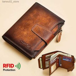 Money Clips Men's Genuine Leather Wallet Vintage Short Multi Function Business Card Holder RFID Blocking Zipper Coin Pocket Money Clip Q230921