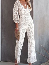 Women's Jumpsuits Rompers CHRONSTYLE Elegant Women Lace Wide Leg Pants Jumpsuits Solid Colour Long Sleeve High Waist V Neck Floral Rompers Streetwear 230920