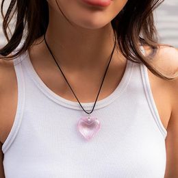 Pendant Necklaces Salircon Fashion Y2K Shiny Transparent Heart Choker Simple Leather Wax Cord Chain Necklace Trend Street Jewellery