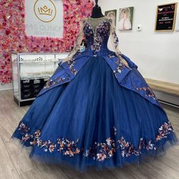 Mexi Navy Blue Shiny Ball Gown Quinceanera Dresses Long Sleeved Beads Crystals Embroidery Appliques Sweet 16 Dress vestidos de 15